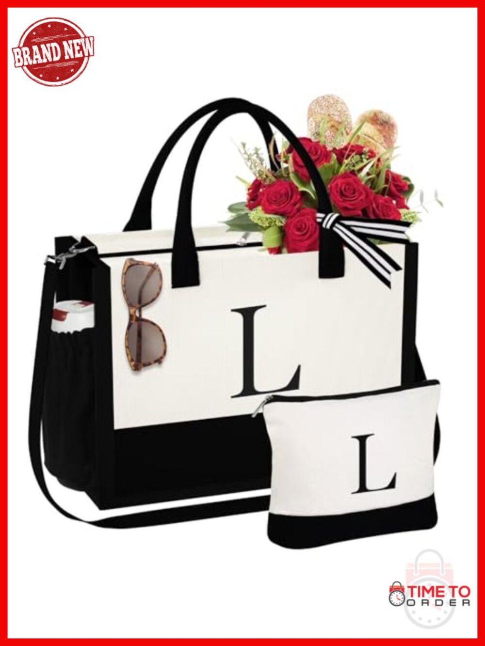 Initial Canvas Tote Bag with Makeup Bag, Monogrammed Beach Bag, Large Capacity,